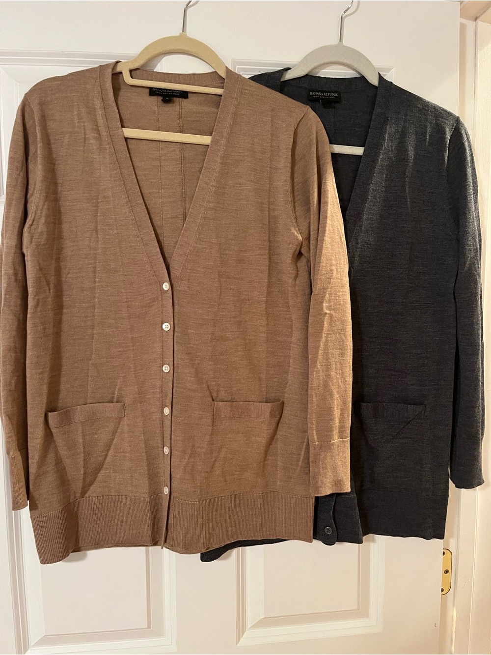 Two Banana Republic V-Neck Button Cardigan Sweaters - Camel and Charcoal sz S